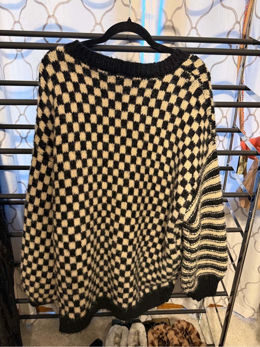 ARULA Black and Cream Checkerboard Striped Knit Sweater - Picture 2 of 4